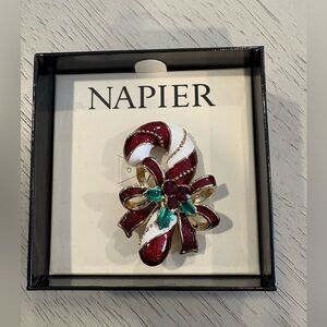 Napier Festive Red and White Brooch with Gold Accents